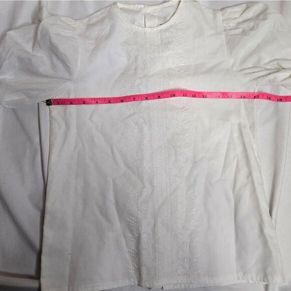 VINTAGE 80s white puff sleeve embroidered eyelet button back blouse top S - Picture 8 of 9